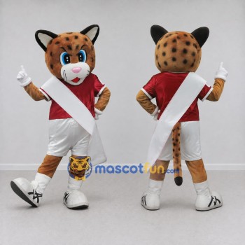 Custom Tan Red and White Spotted Cat in Sportswear Mascot Costume Adult Full Body Suit for Sports Events