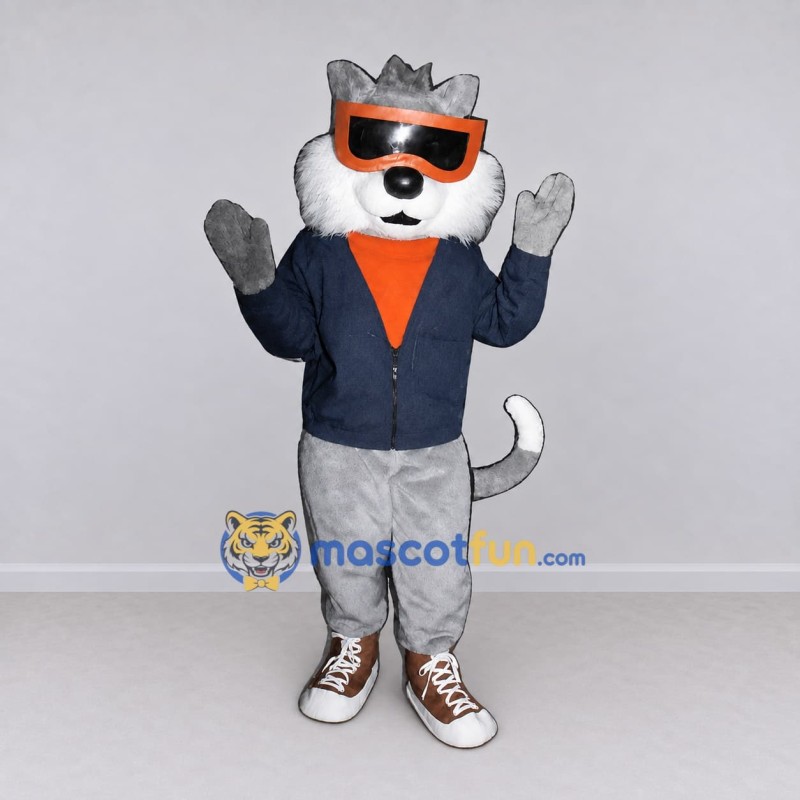 Custom Gray Navy Blue and Orange Wolf in Jacket Mascot Costume Adult Full Body Suit for Themed Parties
