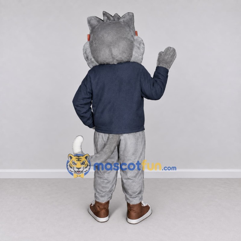 Custom Gray Navy Blue and Orange Wolf in Jacket Mascot Costume Adult Full Body Suit for Themed Parties