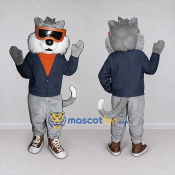 Custom Gray Navy Blue and Orange Wolf in Jacket Mascot Costume Adult Full Body Suit for Themed Parties