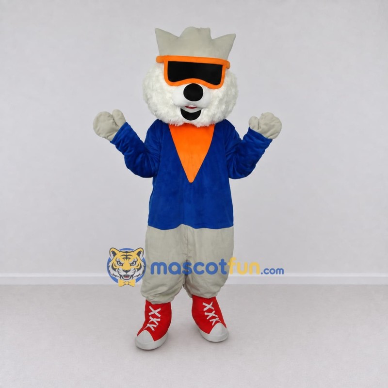 Custom White Blue and Orange Wolf in Jacket Mascot Costume Adult Full Body Suit for Themed Parties Custom White Blue and Orange Wolf in Jacket Mascot Costume Adult Full Body Suit for Themed Parties