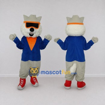 Custom White Blue and Orange Wolf in Jacket Mascot Costume Adult Full Body Suit for Themed Parties