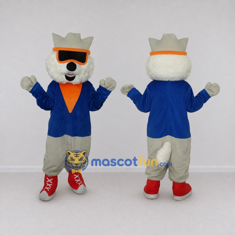 Custom White Blue and Orange Wolf in Jacket Mascot Costume Adult Full Body Suit for Themed Parties Custom White Blue and Orange Wolf in Jacket Mascot Costume Adult Full Body Suit for Themed Parties