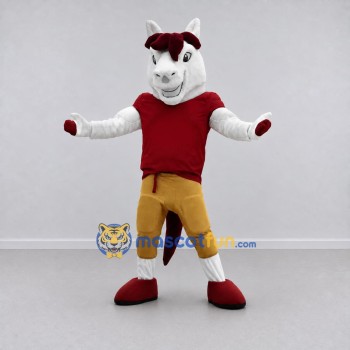 Custom White Red and Yellow Horse in Sportswear Mascot Costume Adult Full Body Suit for Sports Events