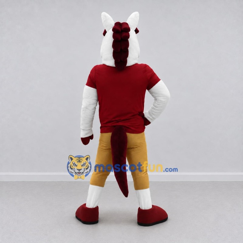 Custom White Red and Yellow Horse in Sportswear Mascot Costume Adult Full Body Suit for Sports Events Custom White Red and Yellow Horse in Sportswear Mascot Costume Adult Full Body Suit for Sports Events
