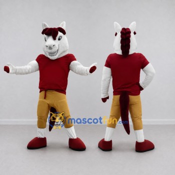 Custom White Red and Yellow Horse in Sportswear Mascot Costume Adult Full Body Suit for Sports Events
