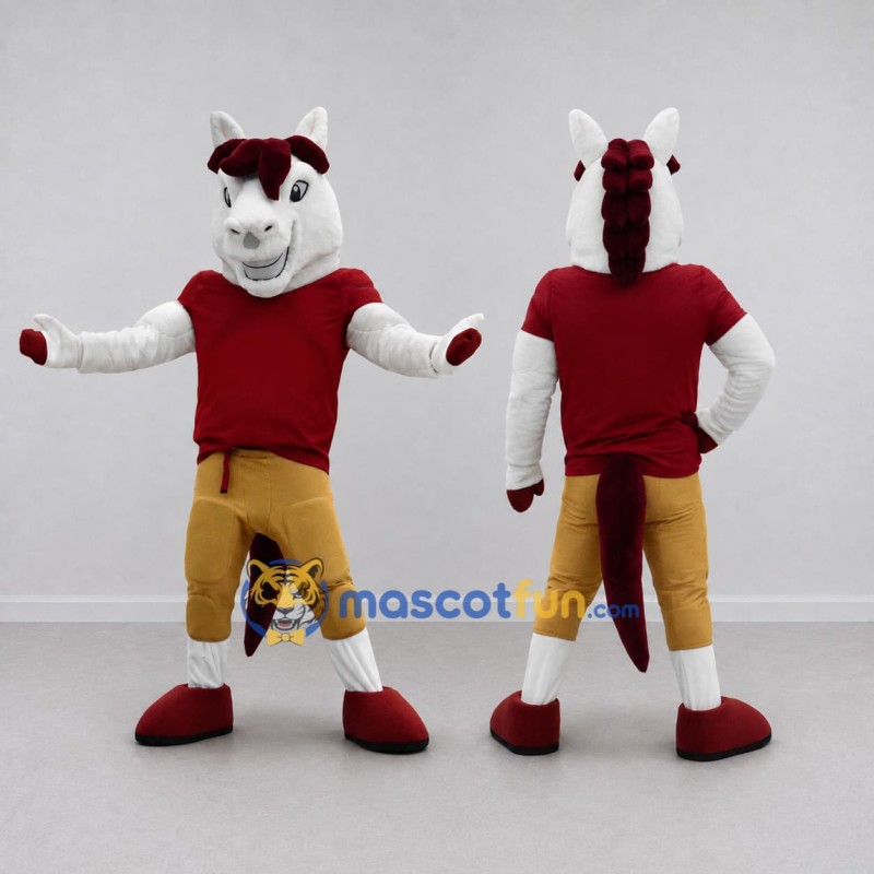 Custom White Red and Yellow Horse in Sportswear Mascot Costume Adult Full Body Suit for Sports Events Custom White Red and Yellow Horse in Sportswear Mascot Costume Adult Full Body Suit for Sports Events