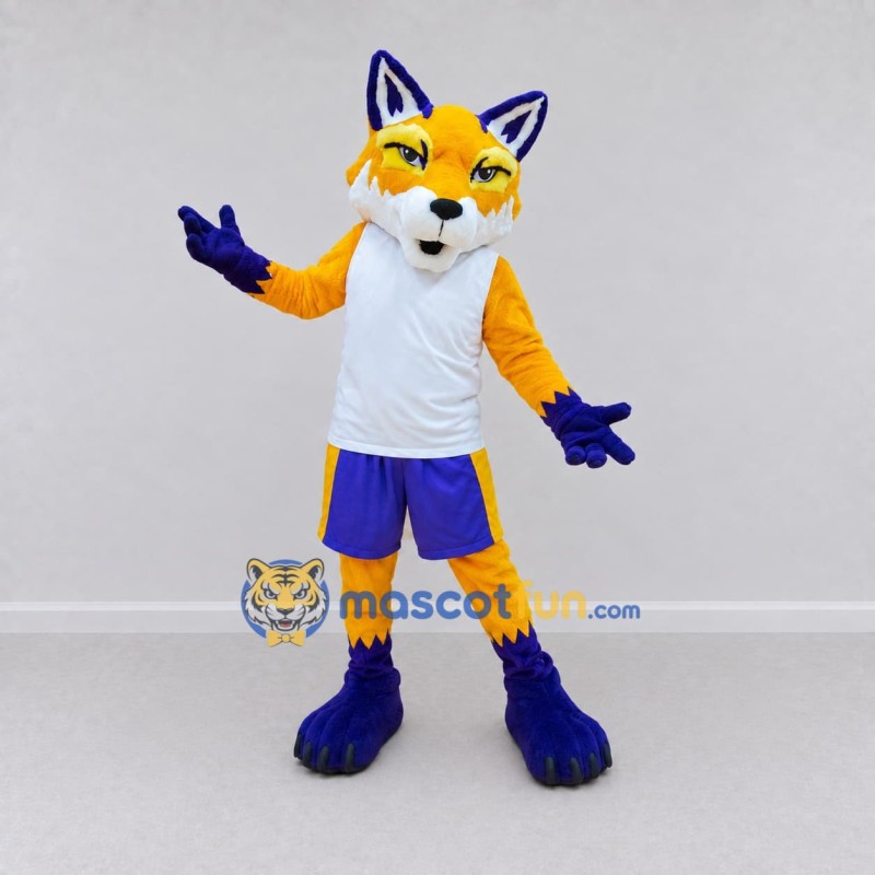 Custom Yellow Blue and White Fox in Sportswear Mascot Costume Adult Full Body Suit for Sports Events Custom Yellow Blue and White Fox in Sportswear Mascot Costume Adult Full Body Suit for Sports Events