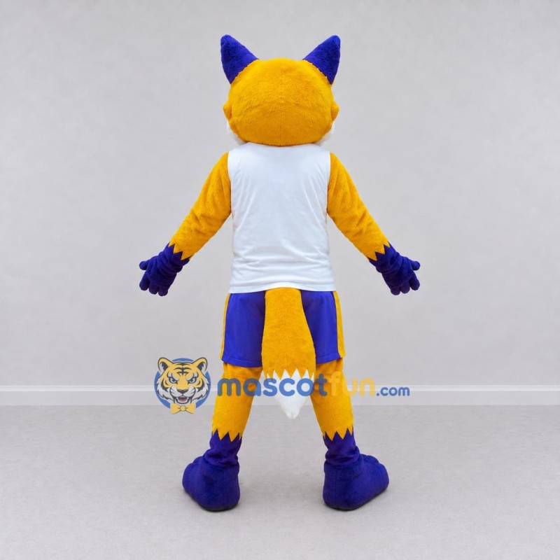 Custom Yellow Blue and White Fox in Sportswear Mascot Costume Adult Full Body Suit for Sports Events Custom Yellow Blue and White Fox in Sportswear Mascot Costume Adult Full Body Suit for Sports Events