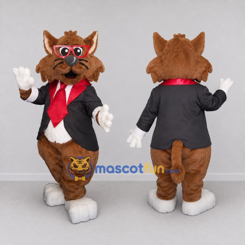 Custom Brown Black and Red Cat in Suit Mascot Costume Adult Full Body Suit for Themed Parties Custom Brown Black and Red Cat in Suit Mascot Costume Adult Full Body Suit for Themed Parties