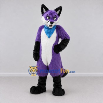 Custom Purple Black and White Fox with Bandana Mascot Costume Adult Full Body Suit for School Events Custom Purple Black and White Fox with Bandana Mascot Costume Adult Full Body Suit for School Events