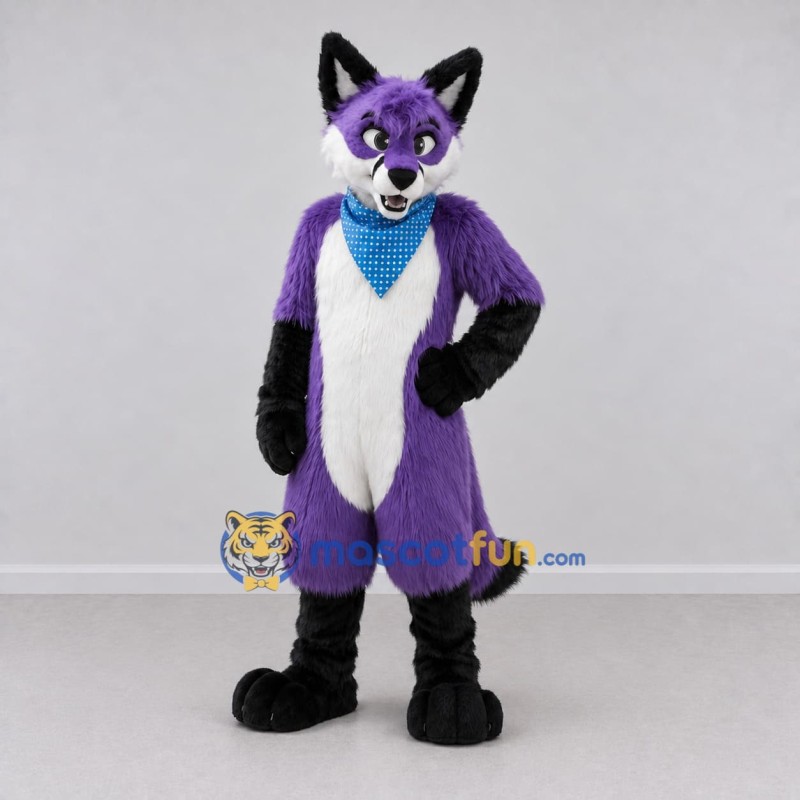 Custom Purple Black and White Fox with Bandana Mascot Costume Adult Full Body Suit for School Events Custom Purple Black and White Fox with Bandana Mascot Costume Adult Full Body Suit for School Events