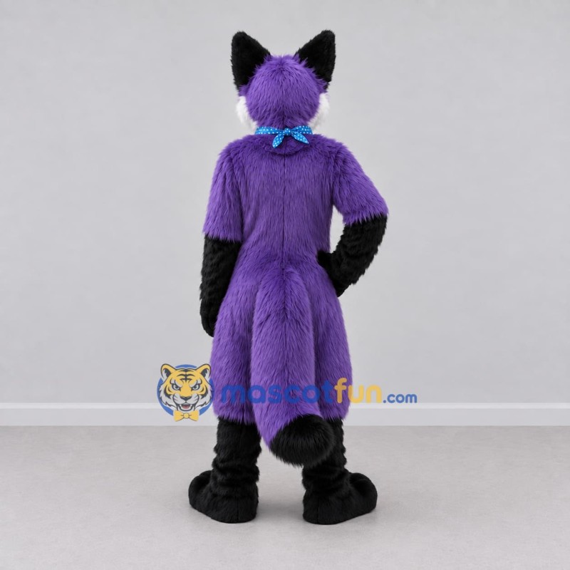 Custom Purple Black and White Fox with Bandana Mascot Costume Adult Full Body Suit for School Events Custom Purple Black and White Fox with Bandana Mascot Costume Adult Full Body Suit for School Events