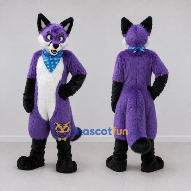 Custom Purple Black and White Fox with Bandana Mascot Costume Adult Full Body Suit for School Events Custom Purple Black and White Fox with Bandana Mascot Costume Adult Full Body Suit for School Events