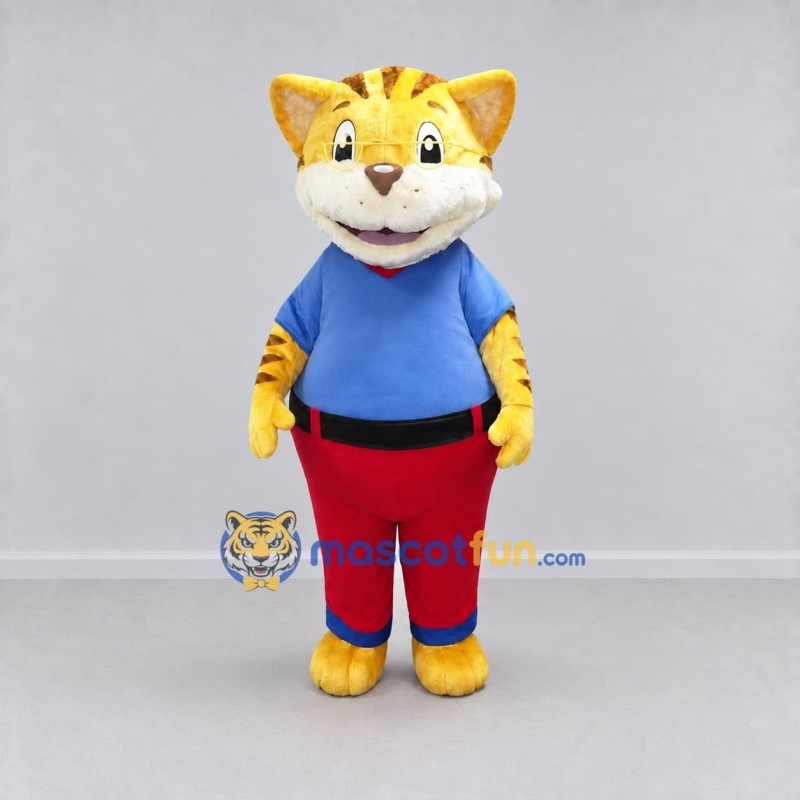 Custom Yellow Blue and Red Tabby Cat in Shirt and Pants Mascot Costume Adult Full Body Suit for School Events Custom Yellow Blue and Red Tabby Cat in Shirt and Pants Mascot Costume Adult Full Body Suit for School Events
