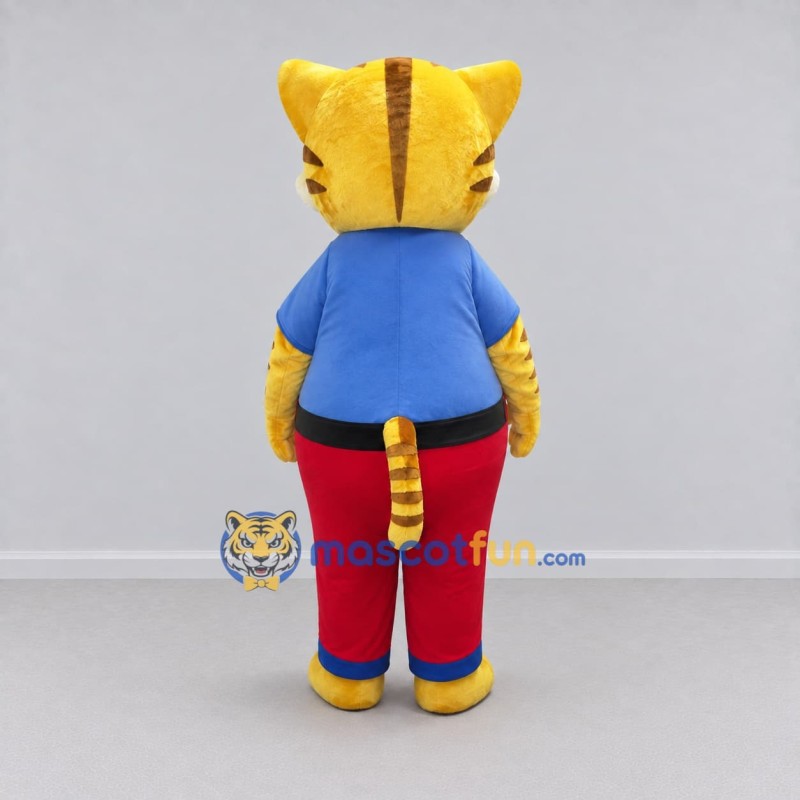 Custom Yellow Blue and Red Tabby Cat in Shirt and Pants Mascot Costume Adult Full Body Suit for School Events Custom Yellow Blue and Red Tabby Cat in Shirt and Pants Mascot Costume Adult Full Body Suit for School Events