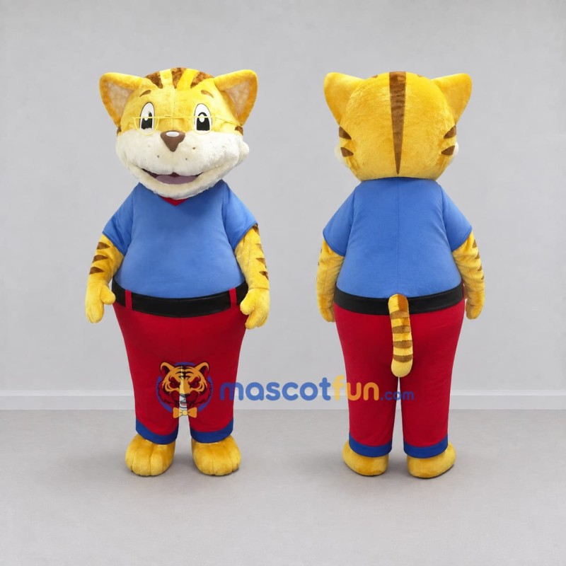 Custom Yellow Blue and Red Tabby Cat in Shirt and Pants Mascot Costume Adult Full Body Suit for School Events Custom Yellow Blue and Red Tabby Cat in Shirt and Pants Mascot Costume Adult Full Body Suit for School Events
