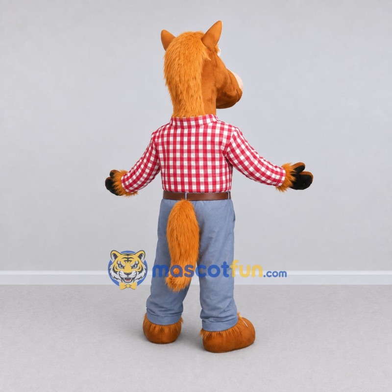 Custom Tan Red and Blue Horse in Plaid Shirt Mascot Costume Adult Full Body Suit for Farm Events Custom Tan Red and Blue Horse in Plaid Shirt Mascot Costume Adult Full Body Suit for Farm Events