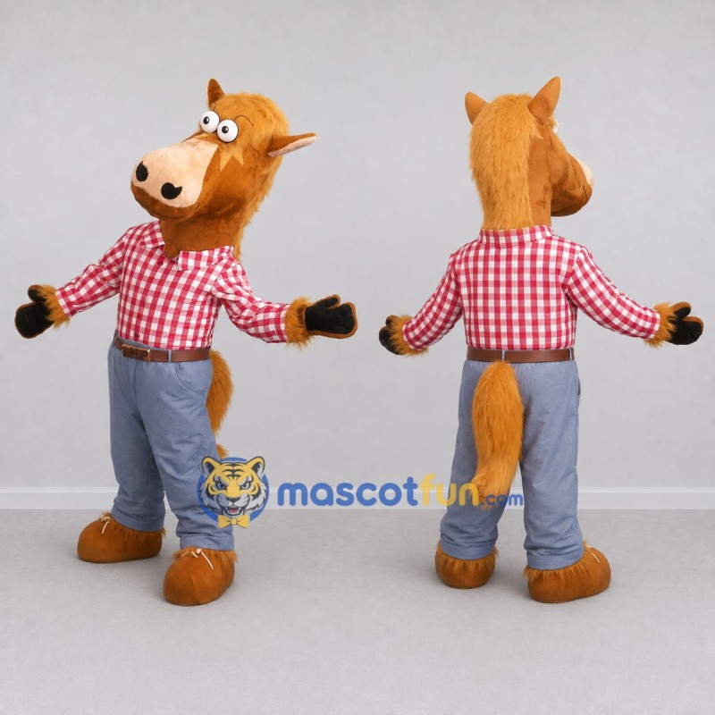 Custom Tan Red and Blue Horse in Plaid Shirt Mascot Costume Adult Full Body Suit for Farm Events Custom Tan Red and Blue Horse in Plaid Shirt Mascot Costume Adult Full Body Suit for Farm Events