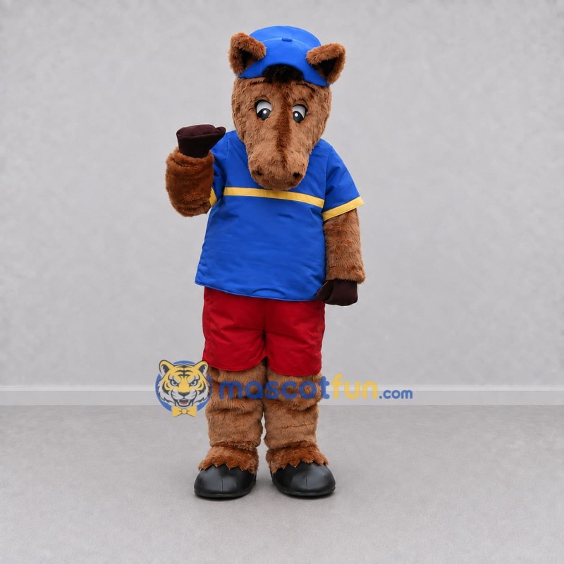 Custom Brown Blue and Red Horse in Cap and Sportswear Mascot Costume Adult Full Body Suit for Sports Events Custom Brown Blue and Red Horse in Cap and Sportswear Mascot Costume Adult Full Body Suit for Sports Events