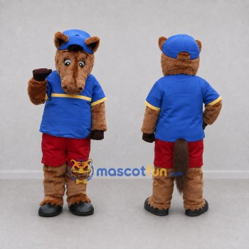 Custom Brown Blue and Red Horse in Cap and Sportswear Mascot Costume Adult Full Body Suit for Sports Events