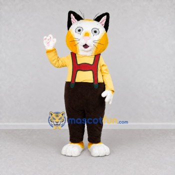 Custom Yellow White and Brown Cat in Suspenders Mascot Costume Adult Full Body Suit for Themed Parties