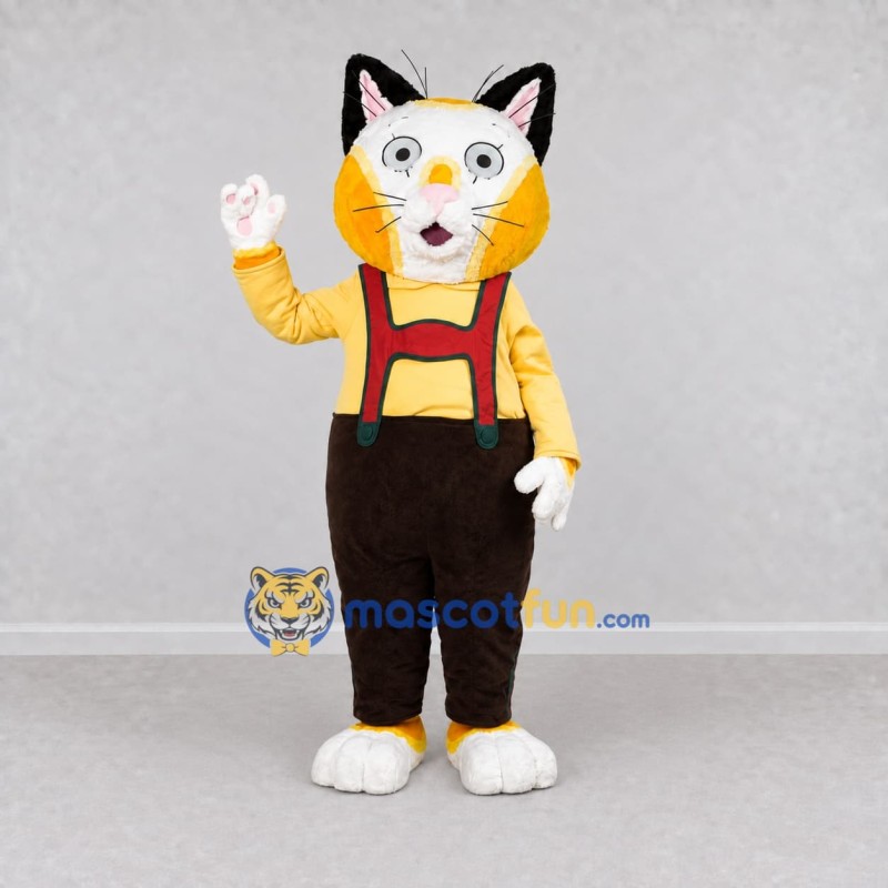 Custom Yellow White and Brown Cat in Suspenders Mascot Costume Adult Full Body Suit for Themed Parties Custom Yellow White and Brown Cat in Suspenders Mascot Costume Adult Full Body Suit for Themed Parties