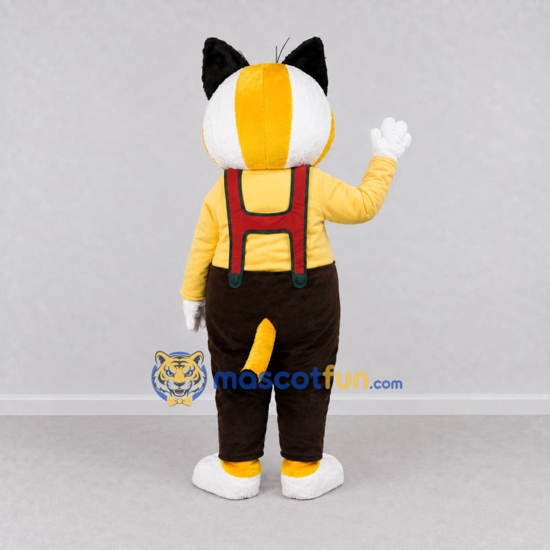 Custom Yellow White and Brown Cat in Suspenders Mascot Costume Adult Full Body Suit for Themed Parties Custom Yellow White and Brown Cat in Suspenders Mascot Costume Adult Full Body Suit for Themed Parties