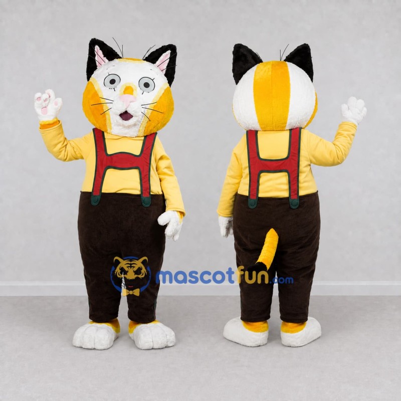 Custom Yellow White and Brown Cat in Suspenders Mascot Costume Adult Full Body Suit for Themed Parties Custom Yellow White and Brown Cat in Suspenders Mascot Costume Adult Full Body Suit for Themed Parties