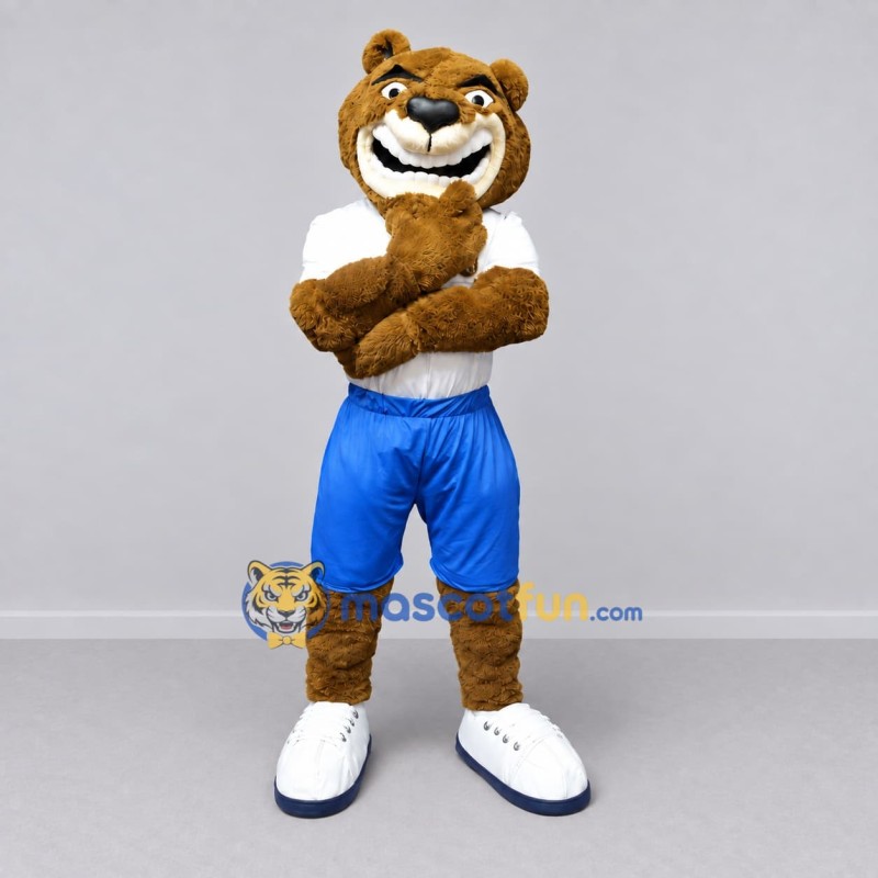 Custom Brown White and Blue Bear in Sportswear Mascot Costume Adult Full Body Suit for Sports Events Custom Brown White and Blue Bear in Sportswear Mascot Costume Adult Full Body Suit for Sports Events