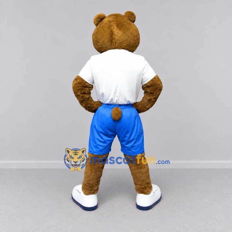 Custom Brown White and Blue Bear in Sportswear Mascot Costume Adult Full Body Suit for Sports Events Custom Brown White and Blue Bear in Sportswear Mascot Costume Adult Full Body Suit for Sports Events