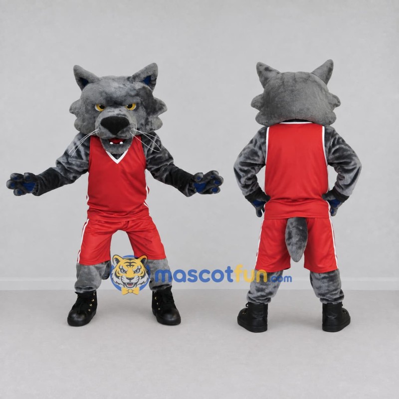 Custom Gray and Red Wolf in Sportswear Mascot Costume Adult Full Body Suit for Sports Events Custom Gray and Red Wolf in Sportswear Mascot Costume Adult Full Body Suit for Sports Events