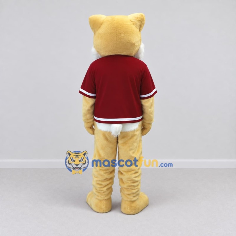 Custom Tan and Maroon Cat in T Shirt Mascot Costume Adult Full Body Suit for School Events