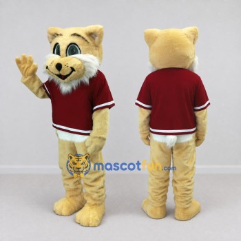 Custom Tan and Maroon Cat in T Shirt Mascot Costume Adult Full Body Suit for School Events