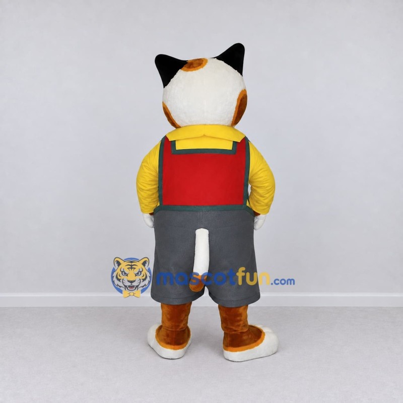 Custom White Yellow and Gray Cat in Suspenders Mascot Costume Adult Full Body Suit for Themed Parties Custom White Yellow and Gray Cat in Suspenders Mascot Costume Adult Full Body Suit for Themed Parties