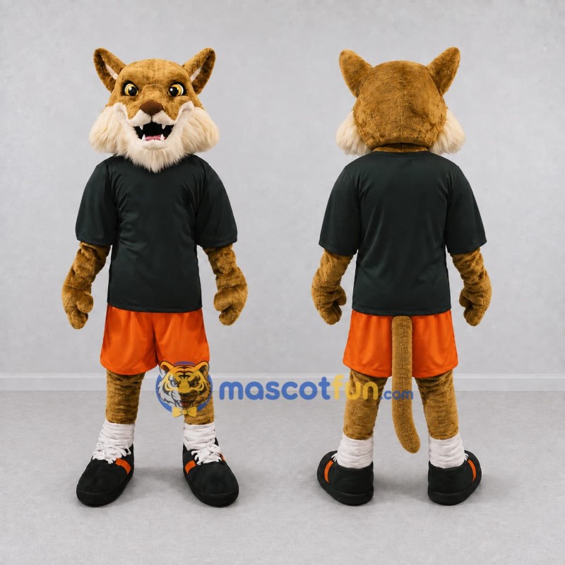 Custom Tan Black and Orange Wild Cat in Sportswear Mascot Costume Adult Full Body Suit for Sports Events Custom Tan Black and Orange Wild Cat in Sportswear Mascot Costume Adult Full Body Suit for Sports Events