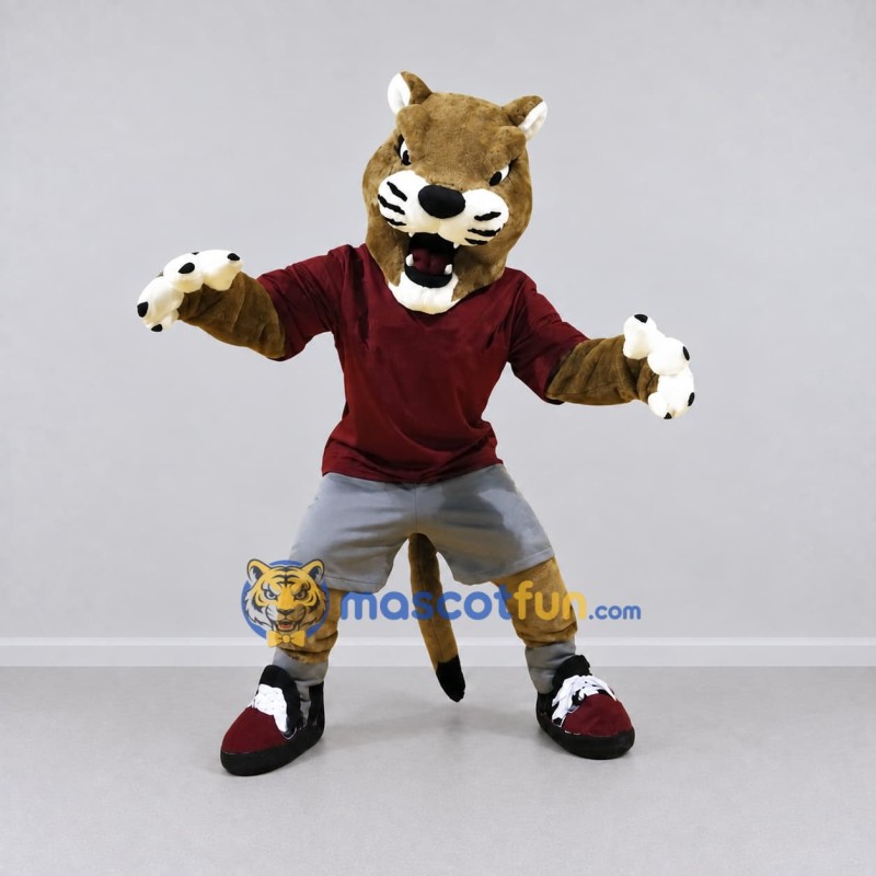 Custom Tan Maroon and Gray Big Cat in Sportswear Mascot Costume Adult Full Body Suit for Sports Events Custom Tan Maroon and Gray Big Cat in Sportswear Mascot Costume Adult Full Body Suit for Sports Events