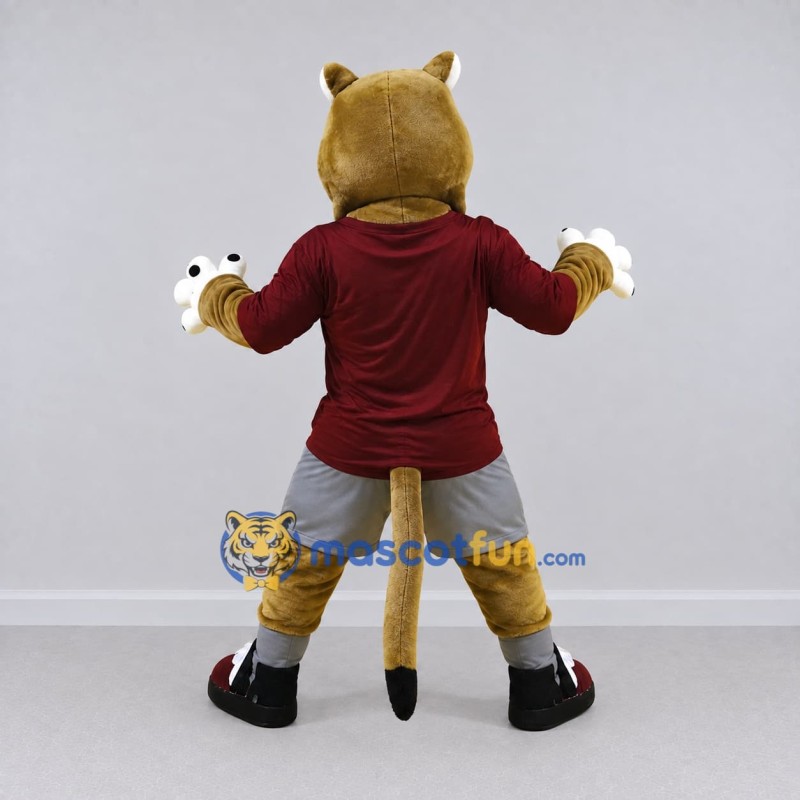 Custom Tan Maroon and Gray Big Cat in Sportswear Mascot Costume Adult Full Body Suit for Sports Events Custom Tan Maroon and Gray Big Cat in Sportswear Mascot Costume Adult Full Body Suit for Sports Events