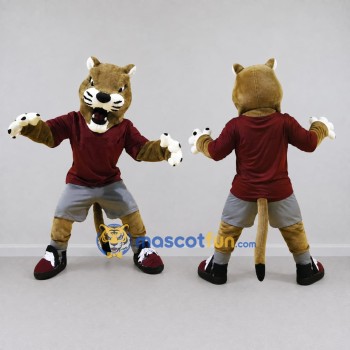 Custom Tan Maroon and Gray Big Cat in Sportswear Mascot Costume Adult Full Body Suit for Sports Events