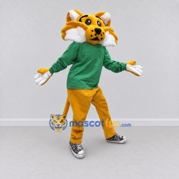 Custom Yellow and Green Spotted Cat in Shirt Mascot Costume Adult Full Body Suit for School Events