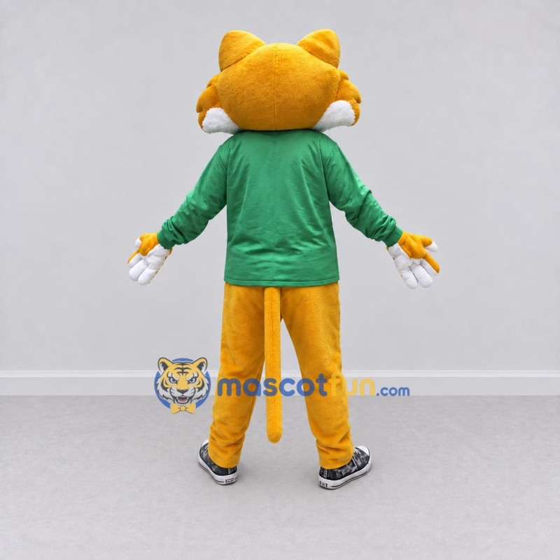 Custom Yellow and Green Spotted Cat in Shirt Mascot Costume Adult Full Body Suit for School Events Custom Yellow and Green Spotted Cat in Shirt Mascot Costume Adult Full Body Suit for School Events