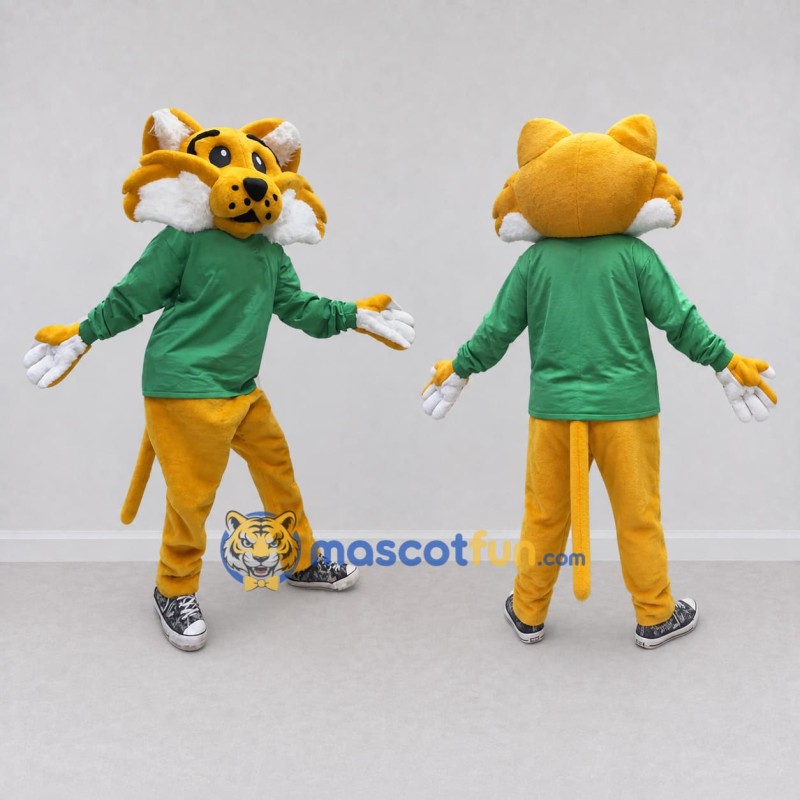 Custom Yellow and Green Spotted Cat in Shirt Mascot Costume Adult Full Body Suit for School Events Custom Yellow and Green Spotted Cat in Shirt Mascot Costume Adult Full Body Suit for School Events