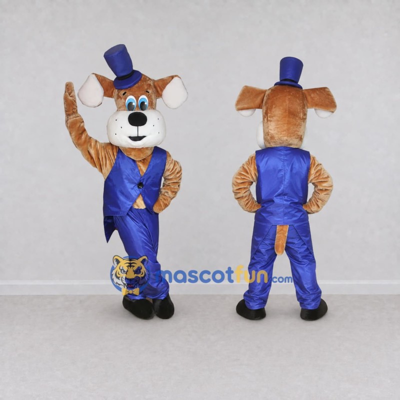 Custom Tan and Blue Dog in Tuxedo Mascot Costume Adult Full Body Suit for Themed Parties