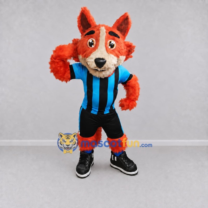 Custom Orange Blue and Black Fox in Sportswear Mascot Costume Adult Full Body Suit for Sports Events Custom Orange Blue and Black Fox in Sportswear Mascot Costume Adult Full Body Suit for Sports Events