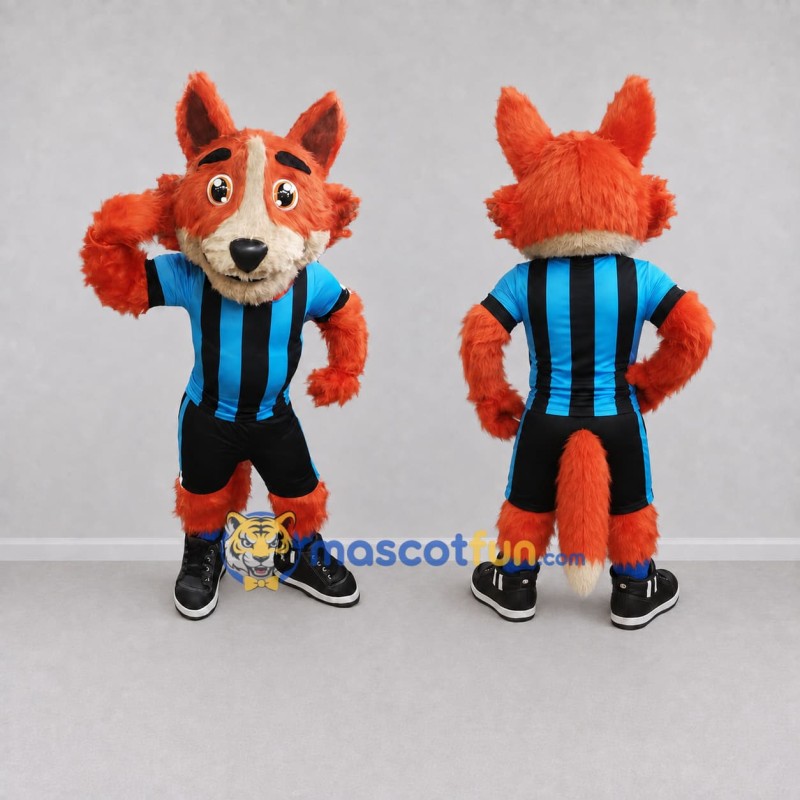 Custom Orange Blue and Black Fox in Sportswear Mascot Costume Adult Full Body Suit for Sports Events Custom Orange Blue and Black Fox in Sportswear Mascot Costume Adult Full Body Suit for Sports Events