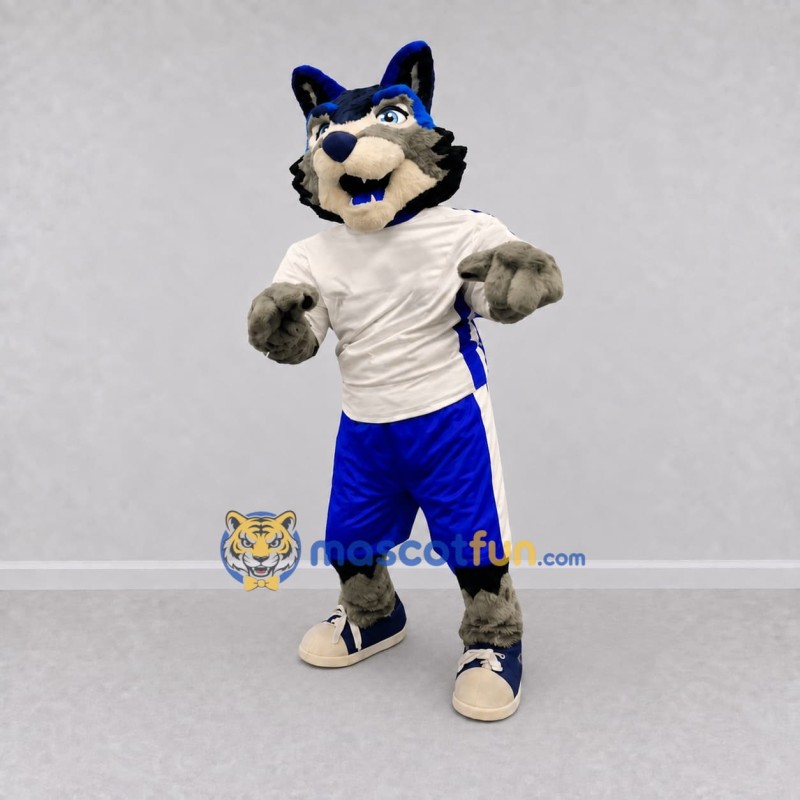 Custom Gray Blue and White Wolf in Sportswear Mascot Costume Adult Full Body Suit for Sports Events Custom Gray Blue and White Wolf in Sportswear Mascot Costume Adult Full Body Suit for Sports Events