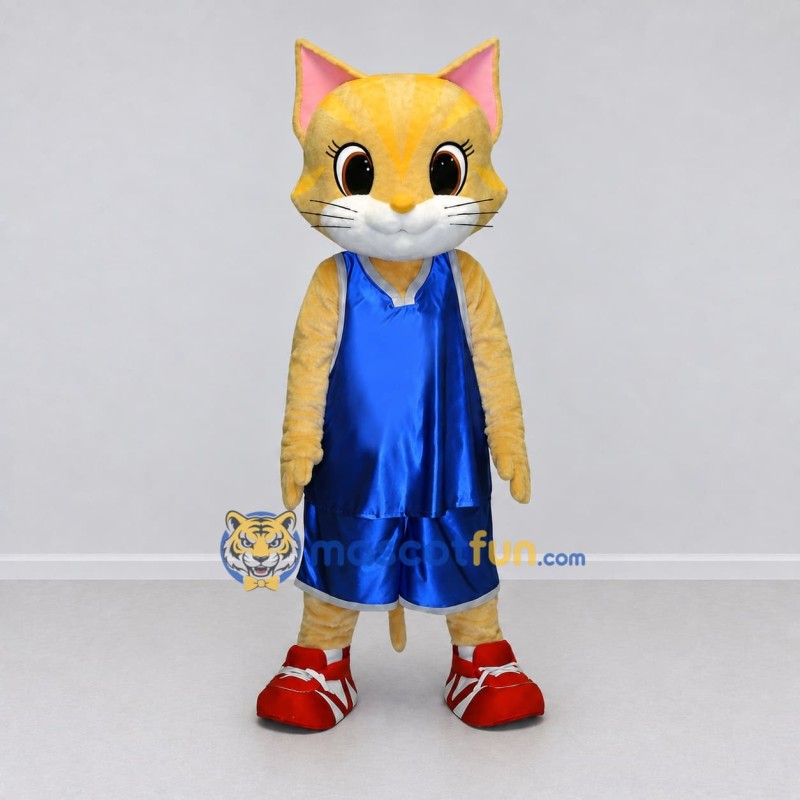 Custom Yellow and Blue Cat in Sportswear Mascot Costume Adult Full Body Suit for Sports Events Custom Yellow and Blue Cat in Sportswear Mascot Costume Adult Full Body Suit for Sports Events