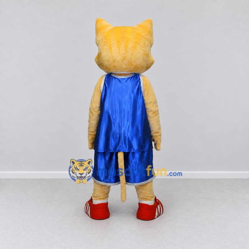 Custom Yellow and Blue Cat in Sportswear Mascot Costume Adult Full Body Suit for Sports Events Custom Yellow and Blue Cat in Sportswear Mascot Costume Adult Full Body Suit for Sports Events