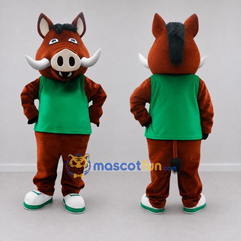 Custom Brown and Green Wild Boar in T Shirt Mascot Costume Adult Full Body Suit for School Events Custom Brown and Green Wild Boar in T Shirt Mascot Costume Adult Full Body Suit for School Events