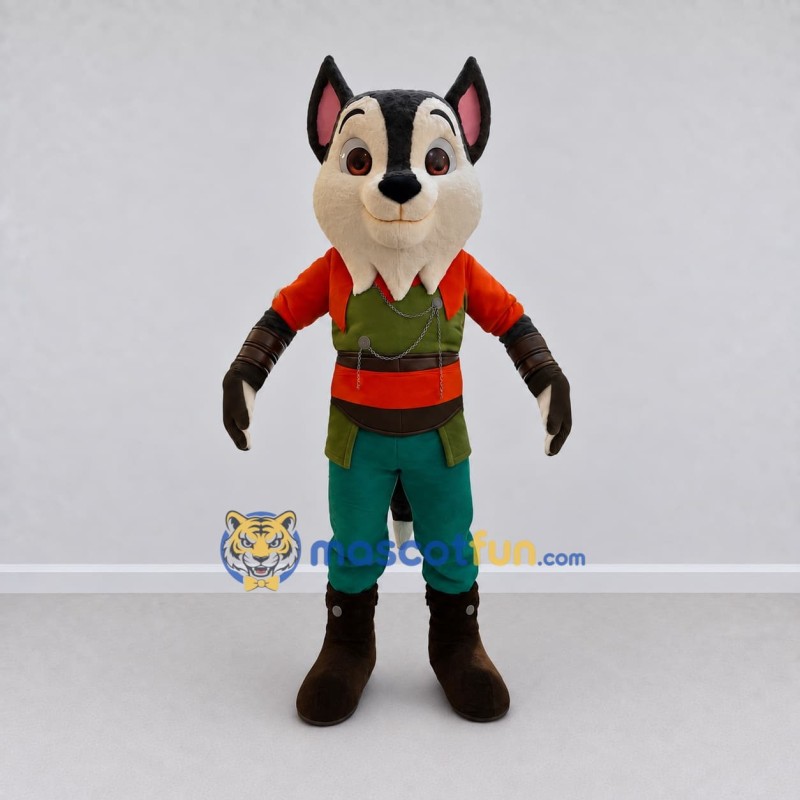 Custom Gray Orange and Green Wolf in Tunic Mascot Costume Adult Full Body Suit for Themed Parties Custom Gray Orange and Green Wolf in Tunic Mascot Costume Adult Full Body Suit for Themed Parties